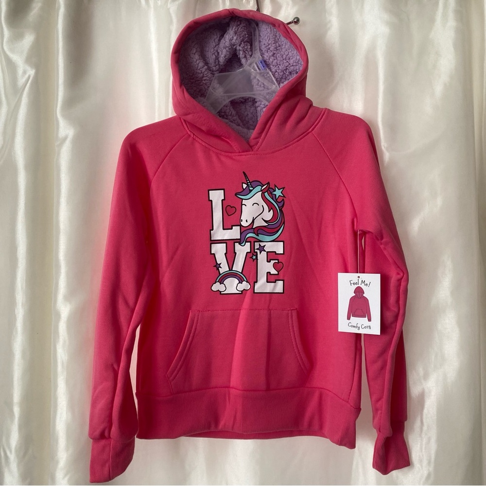 NWT Girls Soft Unicorn LOVE Hoodie - ADORABLE - Fuzzy Hood, Pocket, Sweatshirt